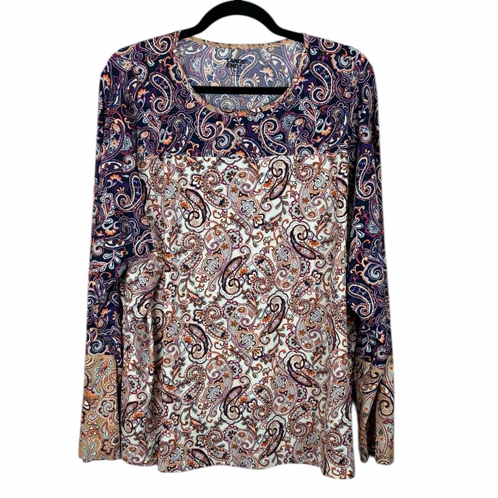 Lands' End Women's Paisley Long Sleeve Top in Navy, Cream, Brown